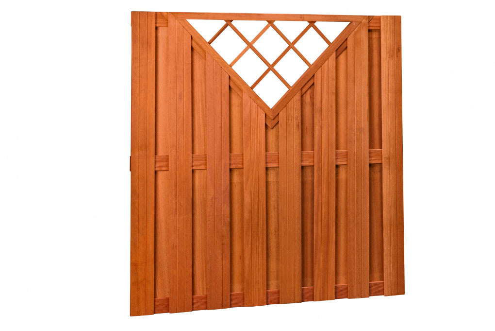 Hardhouten plankenscherm 18 planks 14 mm recht verticaal met V-trellis 180 x 180 cm.