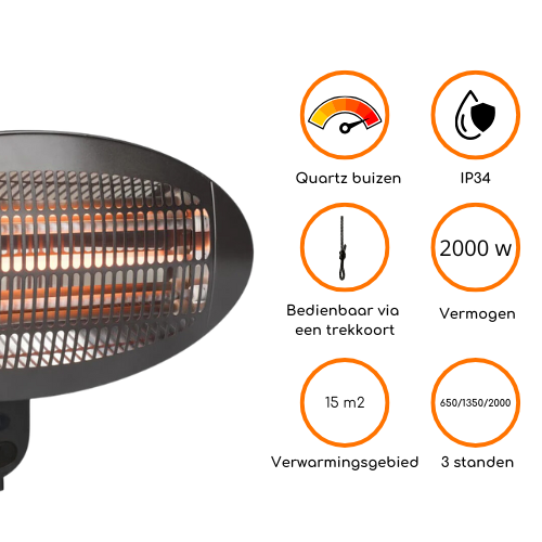 Heatix quartz staand zwart 2000 watt terrasverwarmer